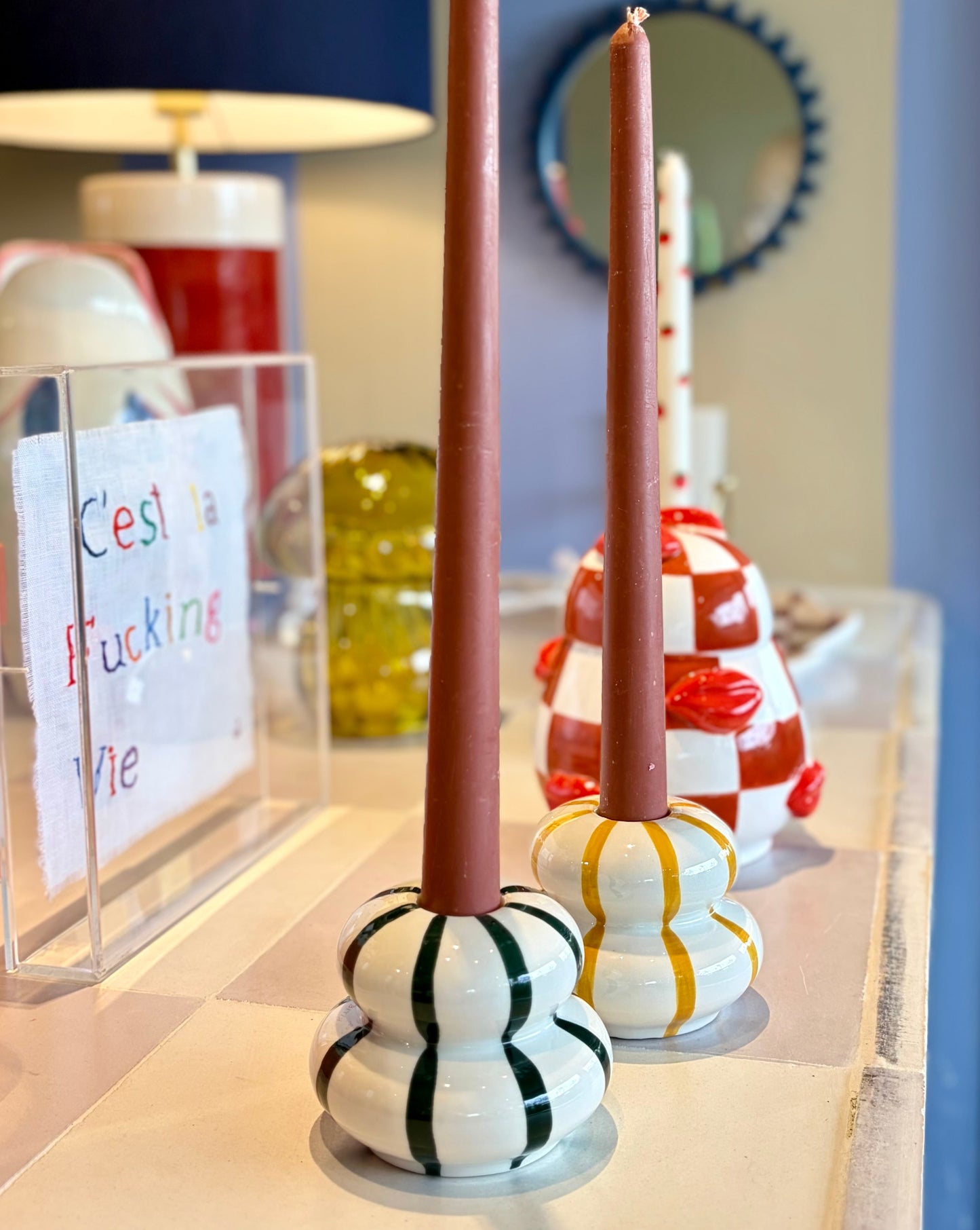 Conjunto Porta-velas Listras em Cerâmica