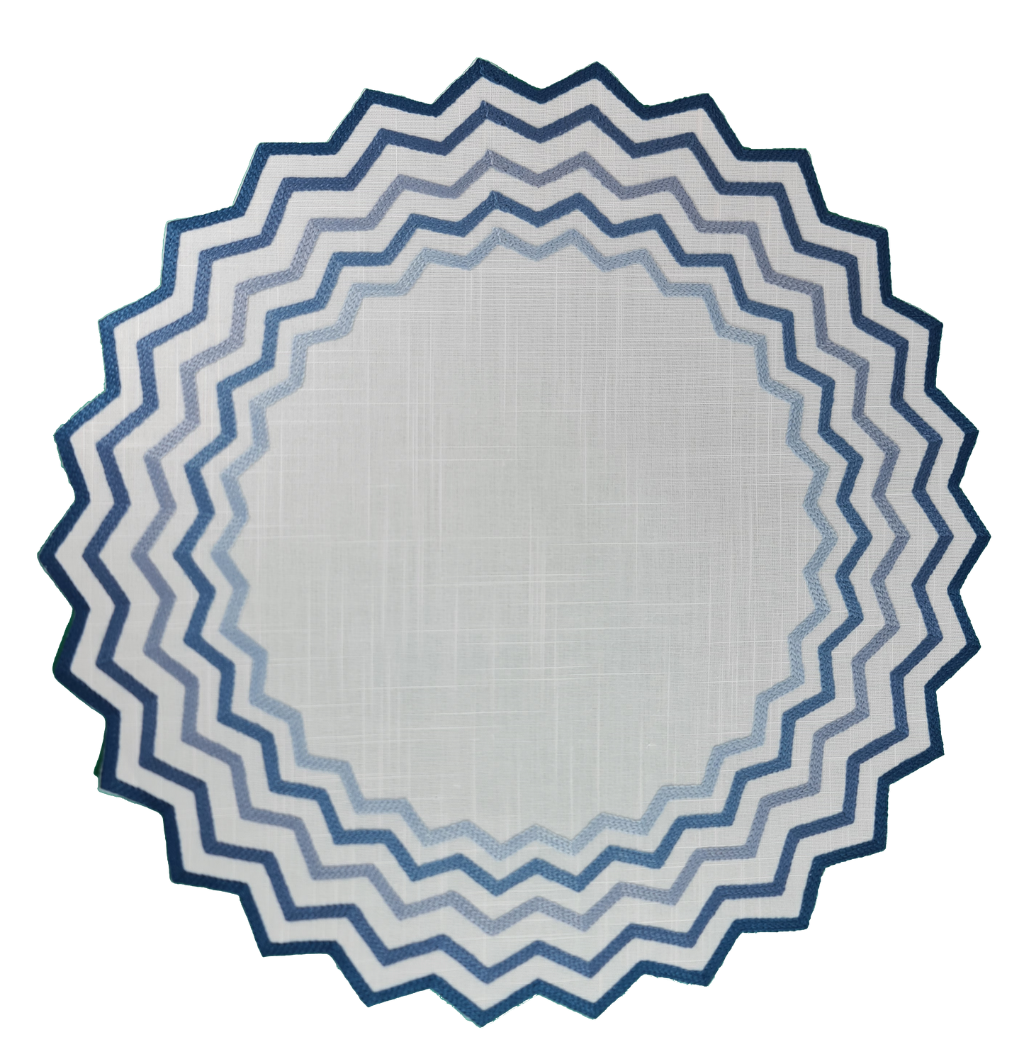 Jogo Americano Zig Zag Branco c/ Bordado Azul Redondo