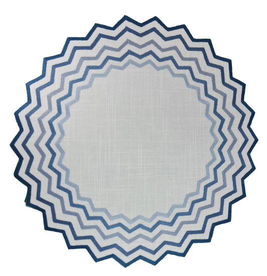 Jogo Americano Zig Zag Branco c/ Bordado Azul Redondo