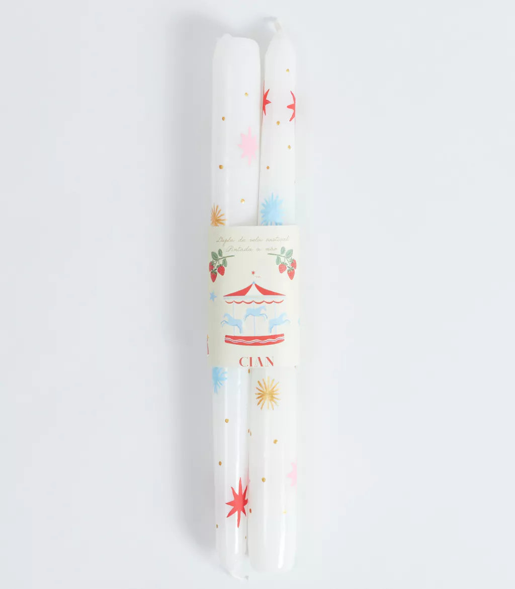 Dupla de Velas Castiçal Pintadas à Mão Natal Estrelas Off White