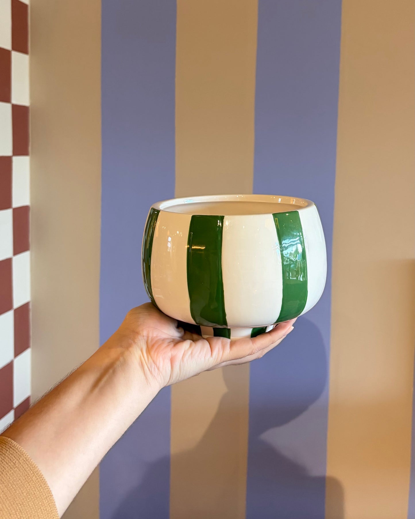 Cachepot Vaso Listras Verde em Cerâmica