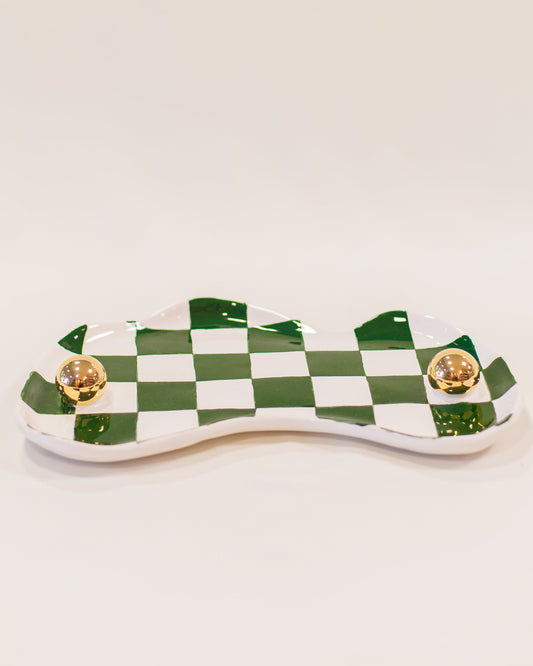 Bandeja Orgânica Xadrez Verde em Cerâmica