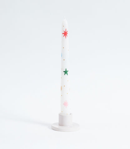 Dupla de Velas Castiçal Pintadas à Mão Natal Estrelas Off White