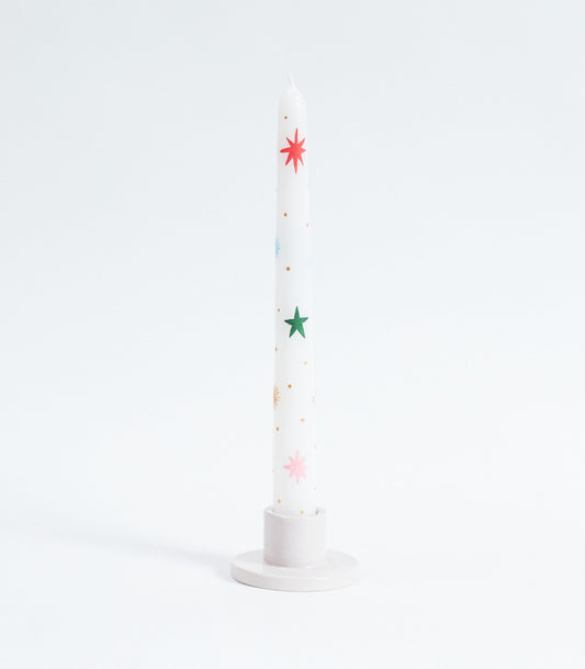 Dupla de Velas Castiçal Pintadas à Mão Natal Estrelas Off White